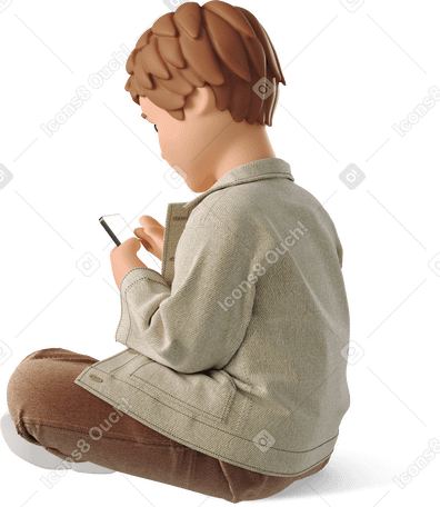3D little boy with phone Illustration in PNG, SVG
