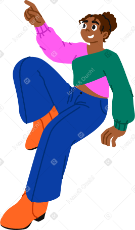 young woman sitting and pointing at something PNG, SVG