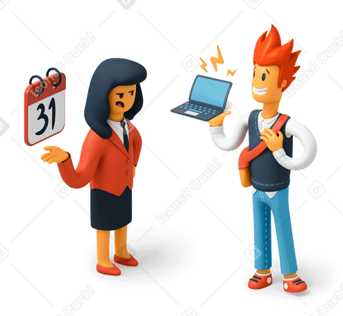 3D Business woman reminding employee with laptop in his hands about an upcoming deadline PNG, SVG