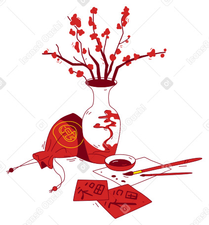 중국 꽃병과 서예 브러쉬 PNG, SVG