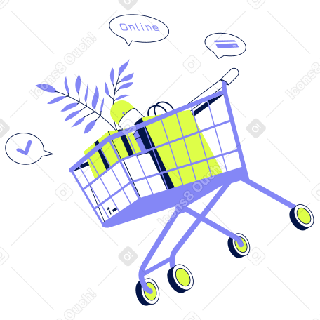 Carro de compras en línea con productos PNG, SVG