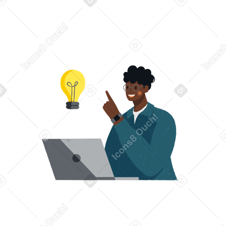 young man working at laptop having ideas Illustration in PNG, SVG