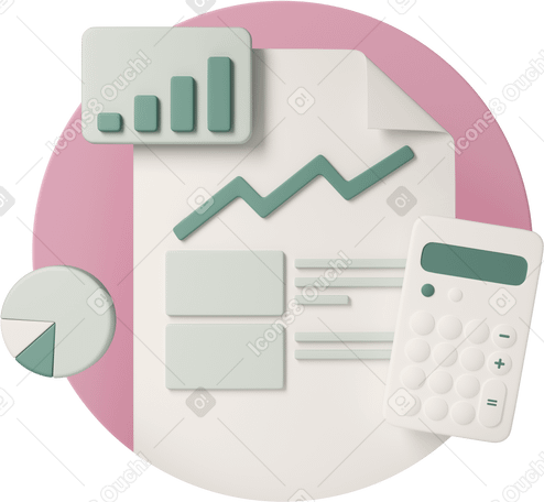 3D document with calculator and statistics charts PNG, SVG