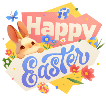 Надпись счастливой пасхи с кроликом, яйцами и цветами в PNG, SVG