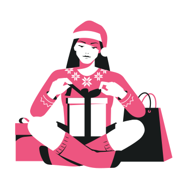 Женщина открывает рождественский подарок в PNG, SVG