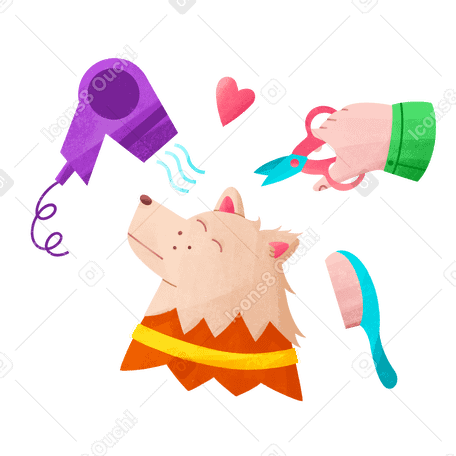 Illustration Toilettage de chien avec des ciseaux à peigne et un sèche-cheveux aux formats PNG, SVG