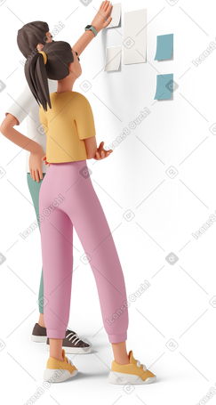 3D 年轻男女在墙上贴笔记的四分之三后视图 PNG, SVG