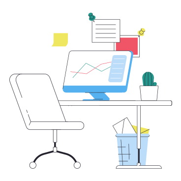 office workplace with computer and paper bin PNG, SVG