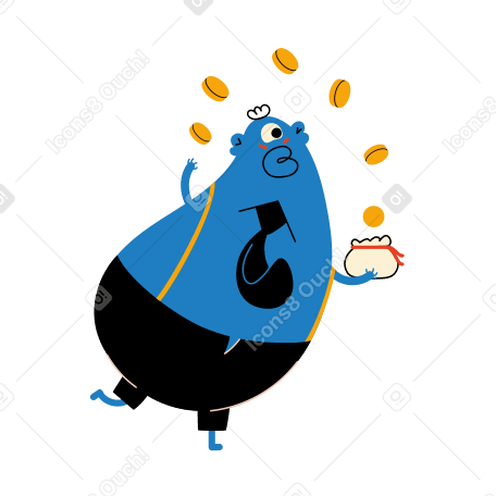 Персонаж жонглирует монетами из кошелька в PNG, SVG
