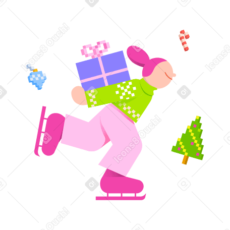 Illustration animée Patinage sur glace femme avec un cadeau aux formats GIF, Lottie (JSON) et AE