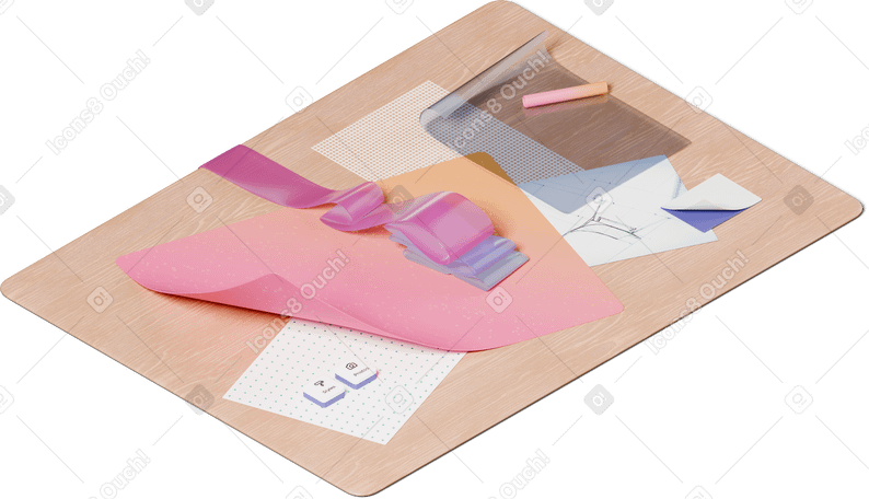 3D isometric view of desk with papers and ribbon PNG、SVG