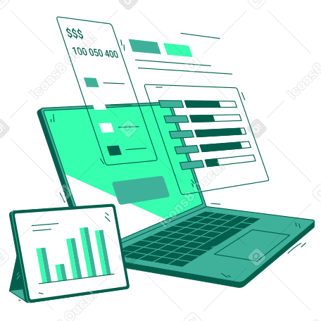 Illustration animée Services bancaires en ligne sur écran d'ordinateur portable aux formats GIF, Lottie (JSON) et AE
