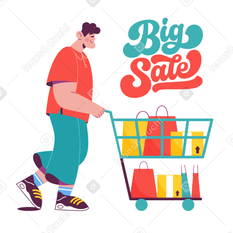 Lettering Big Sale with a man pushing a shopping cart PNG, SVG
