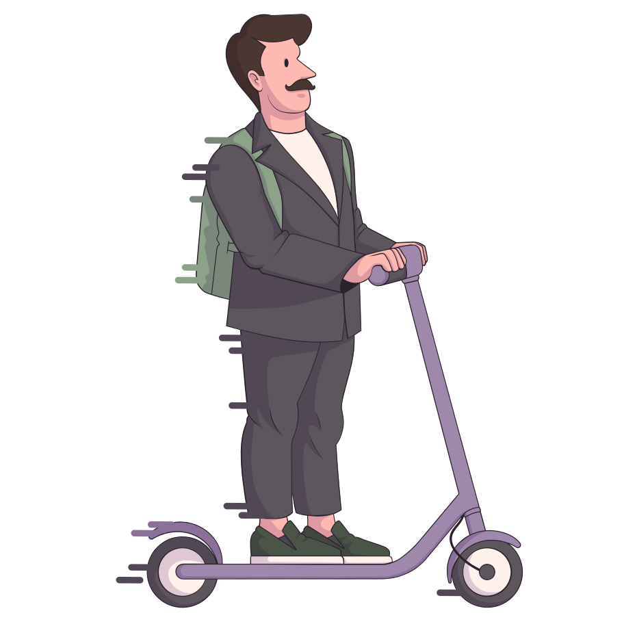 Man in a gray suit rides fast on an electric scooter Illustration in PNG, SVG