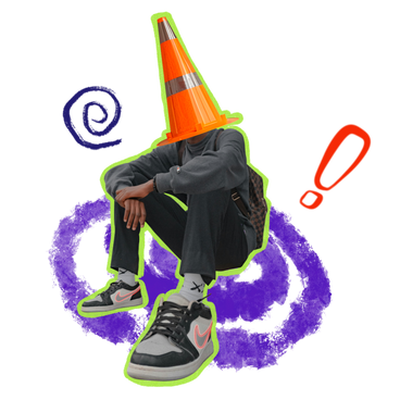 Abstract collage of a guy with traffic cone on his head PNG, SVG