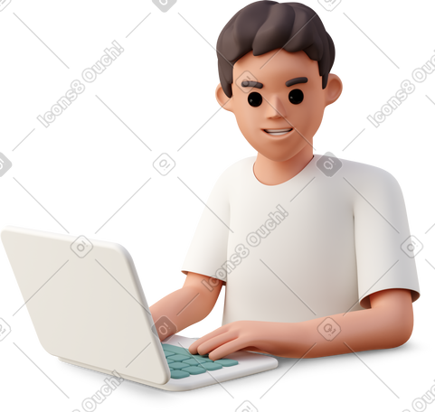 3D boy sitting in front of laptop PNG, SVG