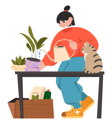 Girl with a cat takes care of houseplants and waters them PNG, SVG