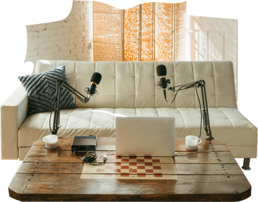 Background with sofa and podcast equipment PNG, SVG