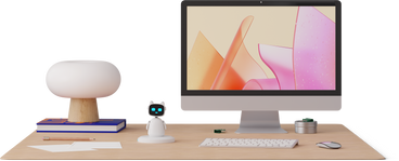 Front view of office desk with robot assistant PNG, SVG