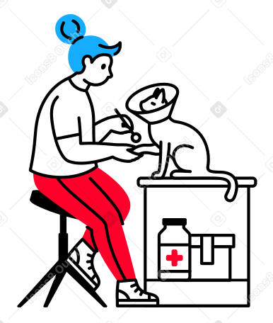 Veterinarian treating a cat in cone at the clinic Illustration in PNG, SVG