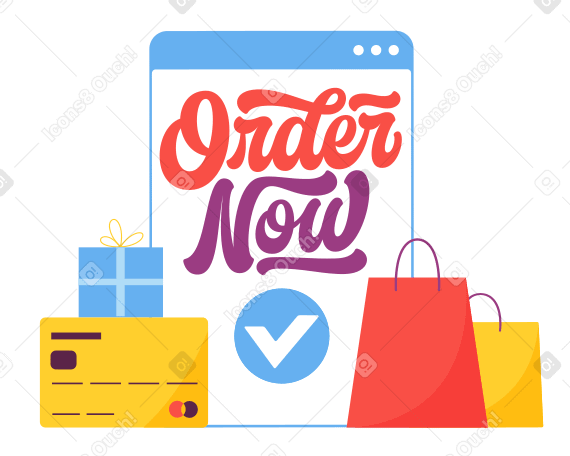 Надпись order now с браузером и сумками для покупок в PNG, SVG