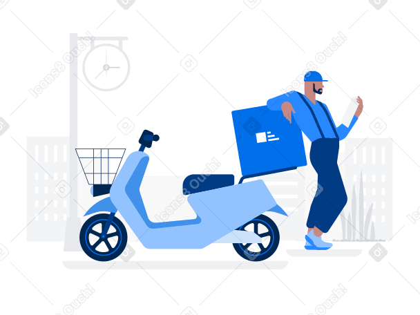 Deliveryman standing near a moped animated illustration in GIF, Lottie (JSON), AE