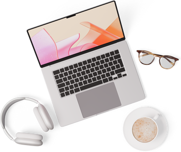 Vue de dessus d'un ordinateur portable, de lunettes, d'une tasse de café, d'écouteurs PNG, SVG