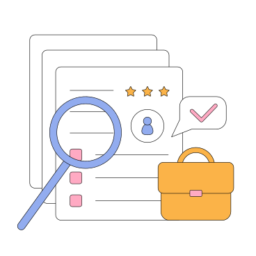 Candidate resumes and a magnifying glass with a business case PNG, SVG