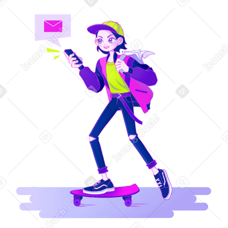 Man rides skateboard and receives a new message Illustration in PNG, SVG