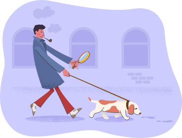 Детектив-мужчина гуляет со своей собакой, выслеживая запах в PNG, SVG