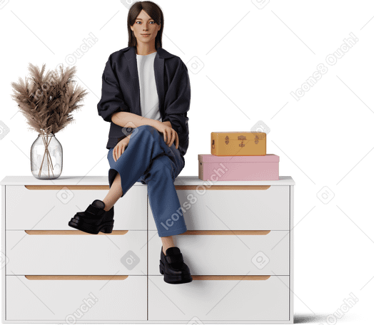 3D young woman sitting on dresser PNG, SVG