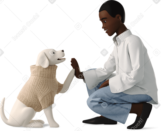 3D young woman high five with dog in sweater PNG, SVG