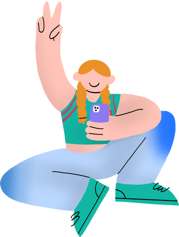 girl sitting and posing for a photo with her phone in a hand PNG, SVG