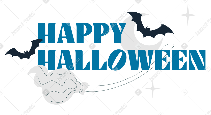 Texte joyeux halloween avec balai et chauves-souris PNG, SVG