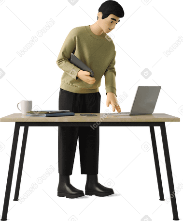3D young man walking up to his desk PNG、SVG