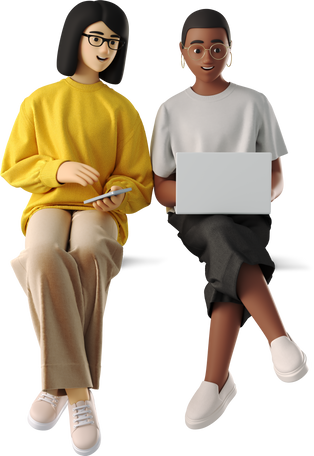 3D young women sitting with laptop PNG, SVG