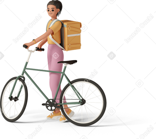 3D Delivery woman standing with bicycle and delivery bag Illustration in PNG, SVG