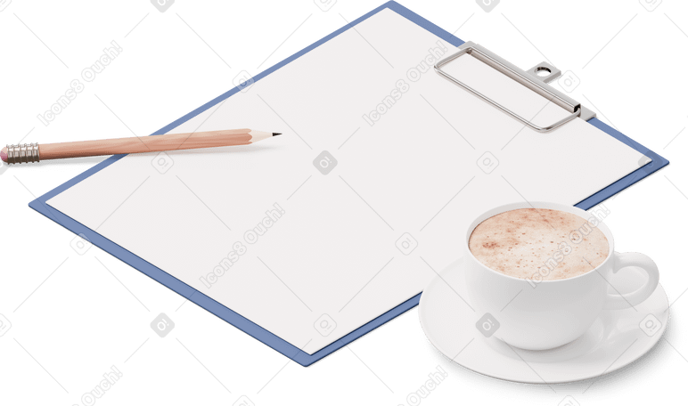 3D isometric view of clipboard, pencil and cup of coffee PNG, SVG