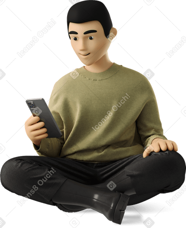 3D young asian man sitting with smartphone legs crossed PNG, SVG