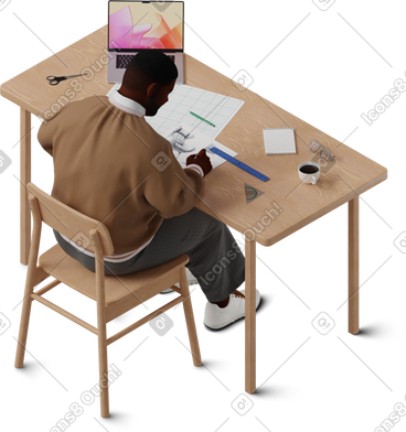 Isometric view of young man sketching chair PNG, SVG