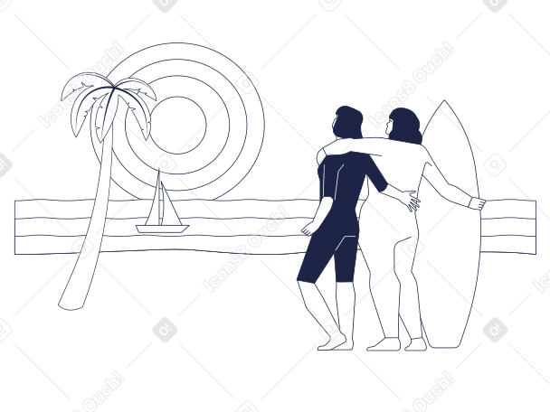 海岸で抱き合う2人の女性サーファーの背面図 PNG、SVG