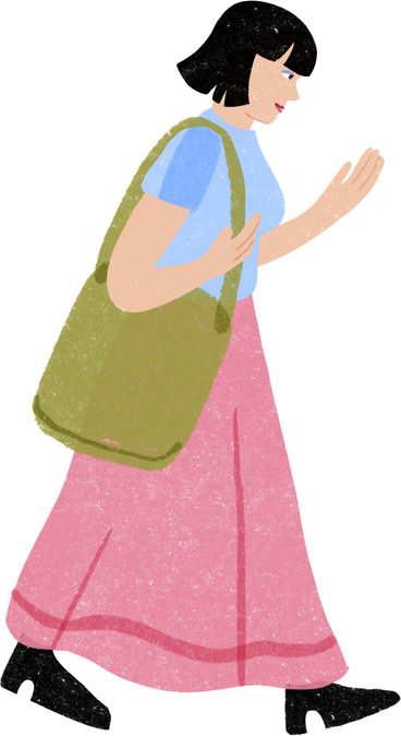 Girl in a skirt walking while looking at her hand PNG, SVG