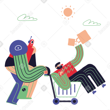 Robot pushing a man sitting in shopping cart Illustration in PNG, SVG