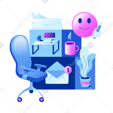 Illustration Travail de bureau avec pause-café et lecture d'e-mails aux formats PNG, SVG
