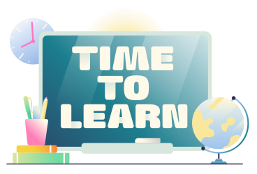 Schriftzug „time to learn“ an bord mit globus und bleistifttext PNG, SVG