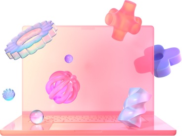laptop with floating gradient objects in pastel dreamscape PNG, SVG
