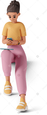 3D young woman sitting with tablet on leg and phone in hand PNG, SVG