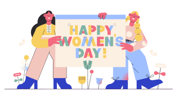 Lettering Happy Women's Day! with women holding banner PNG, SVG