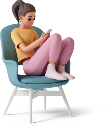 Girl sitting in armchair and looking at phone PNG, SVG