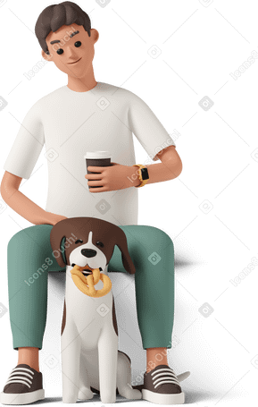 3D Man sitting with dog and cup of coffee Illustration in PNG, SVG